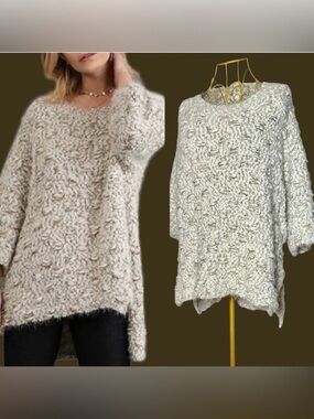 Umgee Chunky Knit Basket Weave Soft Oversized Hi-Low Sweater, Cream & Brown, S